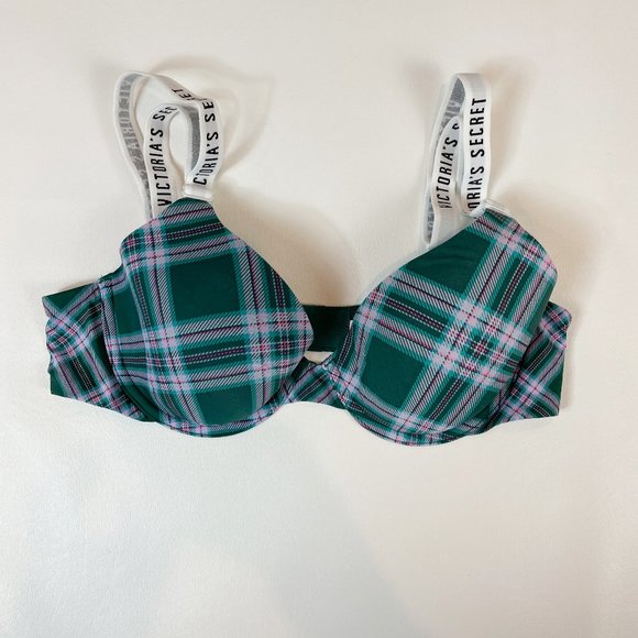 NWOT Victoria's Secret Bra 34B T-Shirt Lightly Lined Full Coverage Green Plaid - Picture 1 of 8